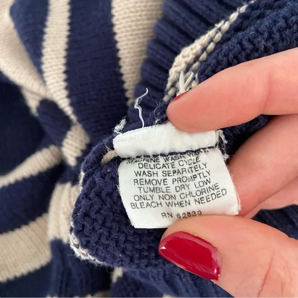 Lands End Vintage Short Sleeve Sweater Cream Navy Nautical Coastal Grandma Knit - Picture 9 of 9